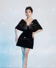 Đầm TK Ngắn  Dáng A Chất Nhung Kết Đá Pha Lê Bệt Vai