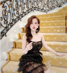 Đầm TK Cúp Ngực Dáng Dài Xếp Tầng Xẻ Tà Đính Kết