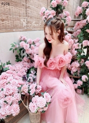 Đầm TK Dài Dáng Xoè Trễ Vai Hoa Nổi