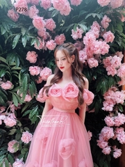 Đầm TK Dài Dáng Xoè Trễ Vai Hoa Nổi