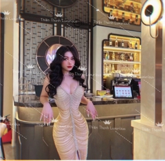 Đầm TK Dài Body Hai Dây Cổ V Đính Đá Xẻ Tà
