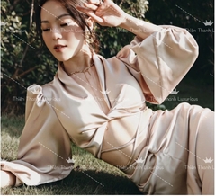 Đầm TK Body  Lụa Cổ V Tay Dài Khoét Eo