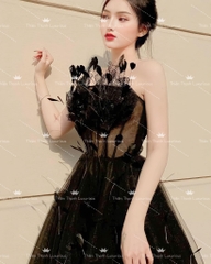 Đầm TK Hai Dây Ngắn Cúp Ngực Dáng Xoè Kết Lông