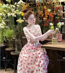 Đầm QCCC Dài Xoè Hai Dây Dâu Tây Cúp Ngực Đính Đá