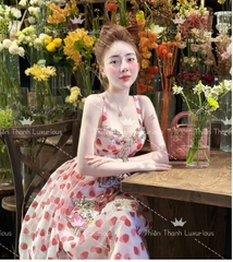 Đầm QCCC Dài Xoè Hai Dây Dâu Tây Cúp Ngực Đính Đá