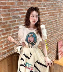 Set QCCC Áo Thun Tay Bèo Mix Chân Váy Dài Dập Ly Xoè