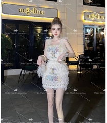 Set QCCC Ngắn Chanel Hai Dây Đính Đá kết Lông  Mix Chân Váy