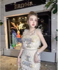 Set QCCC Ngắn Chanel Hai Dây Mix Chân Váy Chữ A