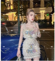 Set QCCC Ngắn Chanel Hai Dây Đính Đá kết Lông  Mix Chân Váy