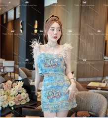 Set QCCC Ngắn D&G Hai Dây Đính Đá  Mix Chân Váy Kết Hoa
