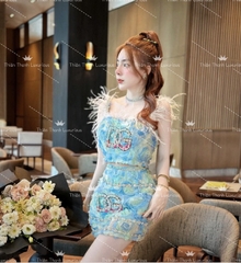 Set QCCC Ngắn D&G Hai Dây Đính Đá  Mix Chân Váy Kết Hoa