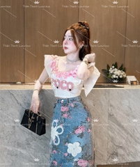 Set QCCC Dài Chanel Áo Cánh Tiên Kết Đá Phối Chân Váy Jeans Đính Hoa