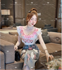 Set QCCC Dài Chanel Áo Cánh Tiên Kết Đá Phối Chân Váy Jeans Đính Hoa
