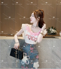 Set QCCC Dài Chanel Áo Cánh Tiên Kết Đá Phối Chân Váy Jeans Đính Hoa
