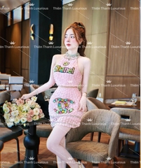 Set QCCC Ngắn Chanel Cổ Yếm Đính Đá Mix Chân Váy Kết Hoa