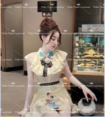 Set Váy QCCC Chanel Ngắn Áo Bèo Đính Nơ Mix Chân Váy Xoè Thêu Thỏ