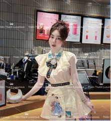 Set Váy QCCC Chanel Ngắn Áo Bèo Đính Nơ Mix Chân Váy Xoè Thêu Thỏ