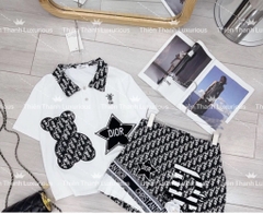 Set QCCC Dior Ngắn Áo Thun Thêu Gấu  Phối Chân Váy Chữ A
