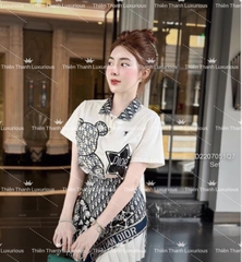 Set QCCC Dior Ngắn Áo Thun Thêu Gấu  Phối Chân Váy Chữ A