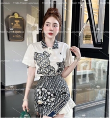 Set QCCC Dior Ngắn Áo Thun Thêu Gấu  Phối Chân Váy Chữ A