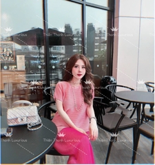 Set Dài Áo Thun Tay Ngắn Mix Chân Váy Dài Xếp Ly