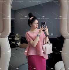 Set Dài Áo Thun Tay Ngắn Mix Chân Váy Dài Xếp Ly