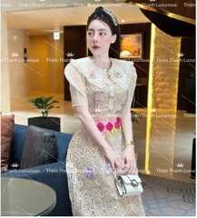 Đầm QCCC Fendi Dài Ren Cổ Bèo Kết Hoa