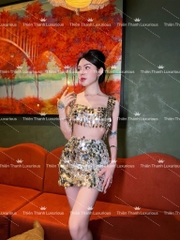 Set TK Ngắn Áo Croptop Hai Dây Kim Sa Vảy Tròn Mix Chân Váy
