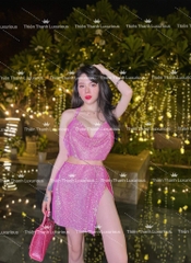 Set TK Ngắn Kim Sa Áo Croptop Cổ Yếm Mix Chân Váy Ngắn Xẻ Tà