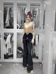 Set TK Dài Áo Croptop Hai Dây Cổ V Tua Rua Mix Quần Ống Loe