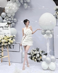 Đầm TK Ngắn Tơ Xếp Tầng Dây Đá
