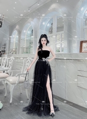 Đầm TK Dài Cúp Ngực Xẻ Tà Đính Đá Hình Nơ