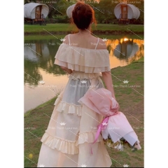 Áo Đầm Dáng Dài Đan Dây Bèo Trễ Vai