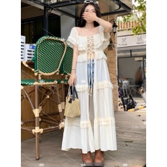 Áo Đầm Dáng Dài Đan Dây Bèo Trễ Vai