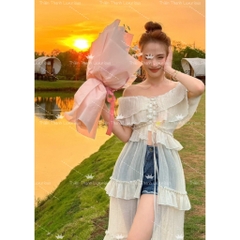 Áo Đầm Dáng Dài Đan Dây Bèo Trễ Vai
