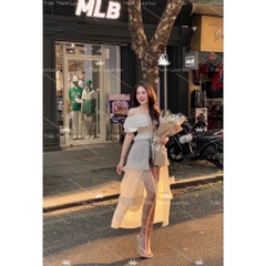 Áo Đầm Dáng Dài Đan Dây Bèo Trễ Vai