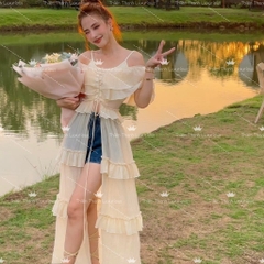 Áo Đầm Dáng Dài Đan Dây Bèo Trễ Vai