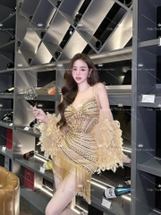 Đầm Hai Dây Ngắn Ống Tay Rơi Tua Rua Đính Kết