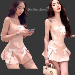Set Váy Xoè Phối Áo Vạt Nhọn Đính Nơ