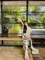 Set Váy Hoa Xếp Ly Phối Áo Dập Ly Trơn