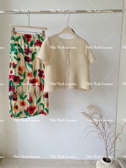 Set Váy Hoa Xếp Ly Phối Áo Dập Ly Trơn