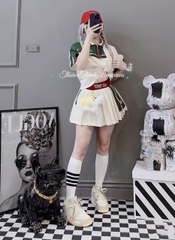 Set Áo Polo Phối Chân Váy Xếp Ly Đính Gấu Bông