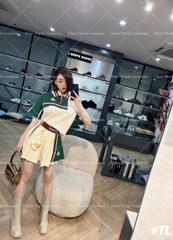 Set Áo Polo Phối Chân Váy Xếp Ly Đính Gấu Bông