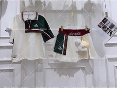 Set Áo Polo Phối Chân Váy Xếp Ly Đính Gấu Bông