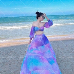 Set Maxi Đi Biển Loang Màu Xẻ Tà