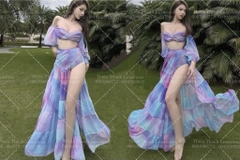 Set Maxi Đi Biển Loang Màu Xẻ Tà