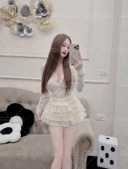 Set Áo Ren Cổ V Tay Dài Phối Váy Xoè Tầng