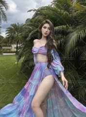 Set Maxi Đi Biển Loang Màu Xẻ Tà
