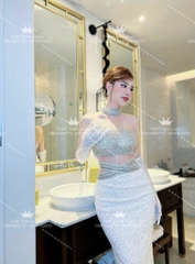 Đầm TK Dài Cúp Ngực Đính Đá Phối Dây Chéo