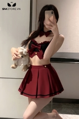 SMS785 - Cosplay học sinh với 2 dây và chân váy xếp ly đính nơ